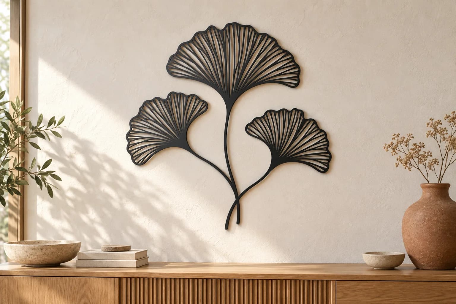 Illustrative black metal ginkgo leaves above an oak console
