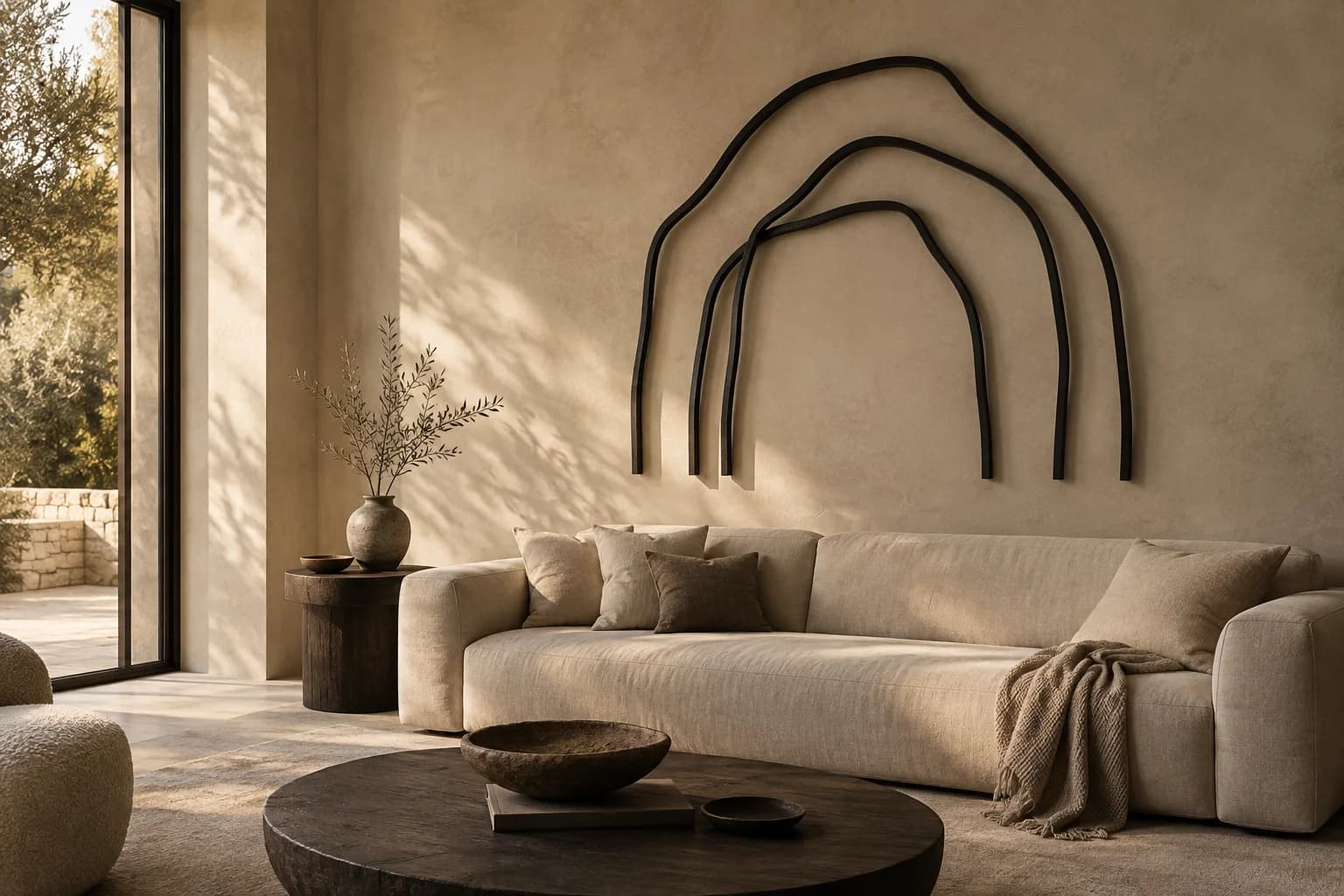 Illustrative warm living room with sculptural black metal arches above a linen sofa